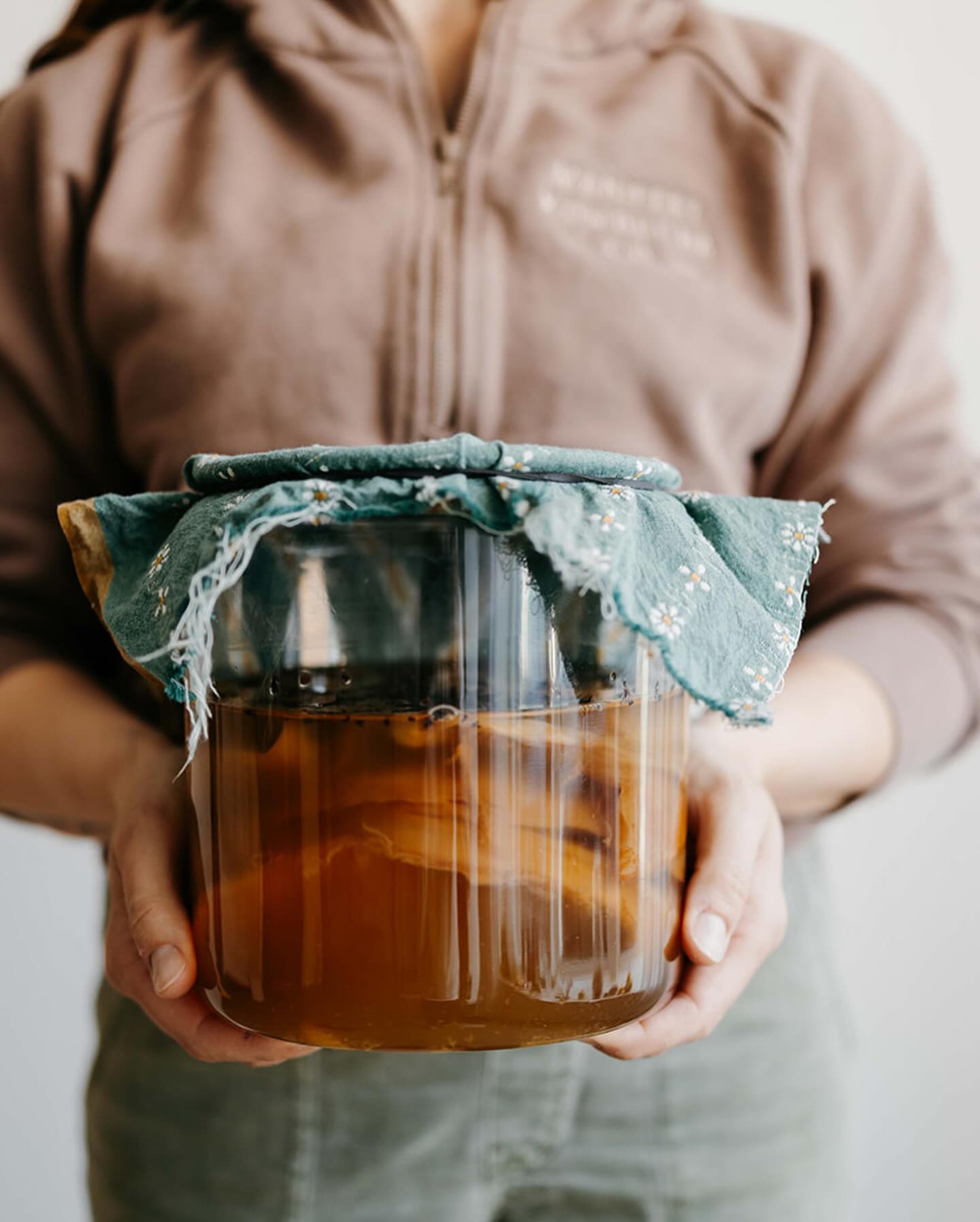 Hands holding fermenting kombucha